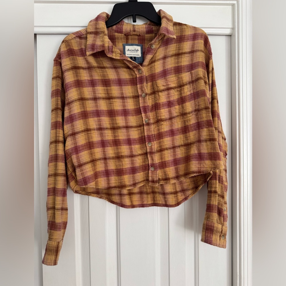 American Eagle Outfitters Maroon and Yellow Plaid Shirt